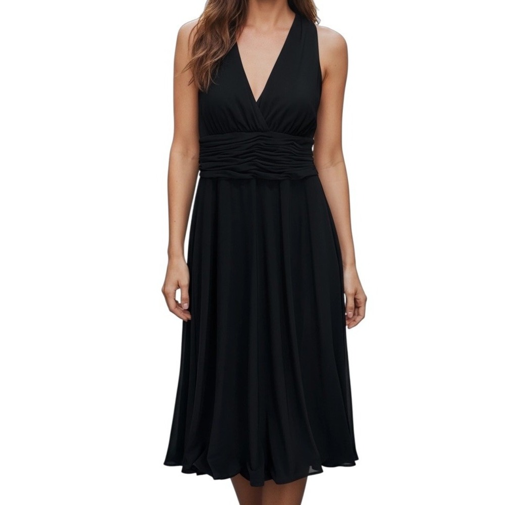 Evan Picone Black Sleeveless Midi Dress V-Neck Ruched‎ Waist size 6 party dress